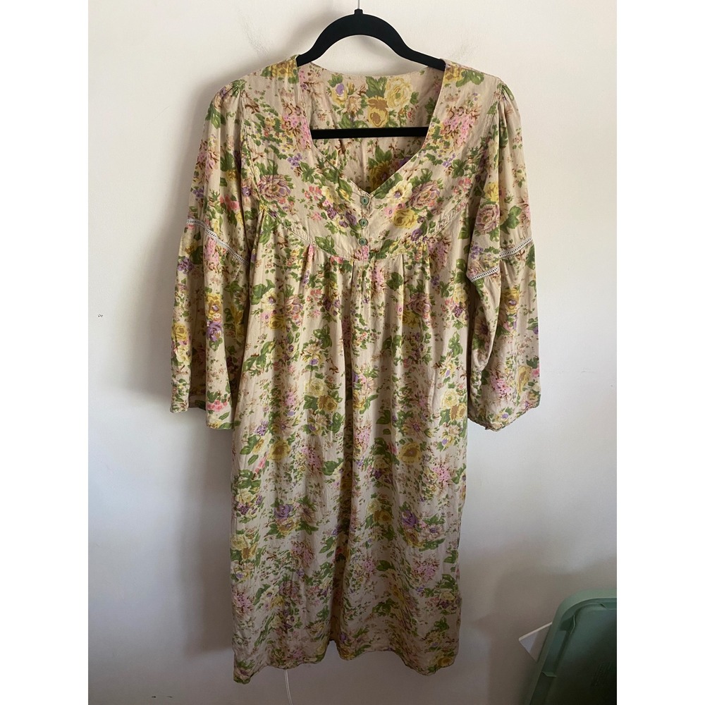 Vintage Floral Midi Dress V-Neck Bell Sleeve Pockets Cottagecore Cream‎ Multi